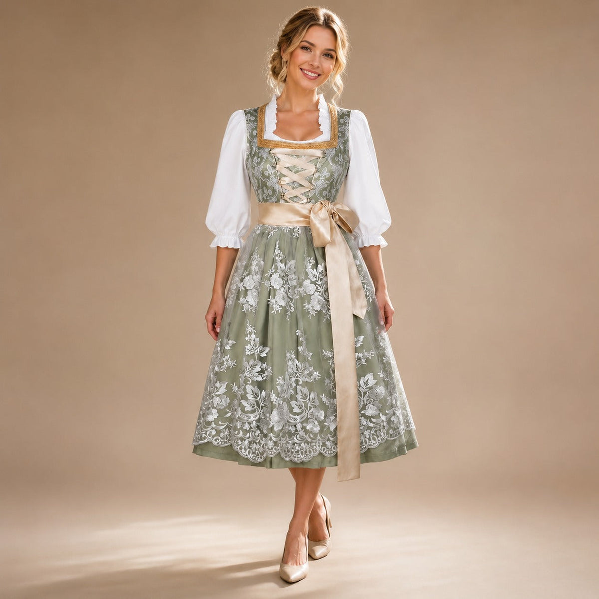 Dirndl damski – Elegancki wzór kwiatowy z wiązaniem i paskiem w talii - J&B; - 4 - Livia-Moda