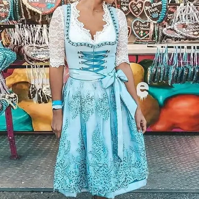 Sukienka damska na Oktoberfest z koronkowymi rękawami i paskiem w talii - J&B; - 5 - Livia-Moda