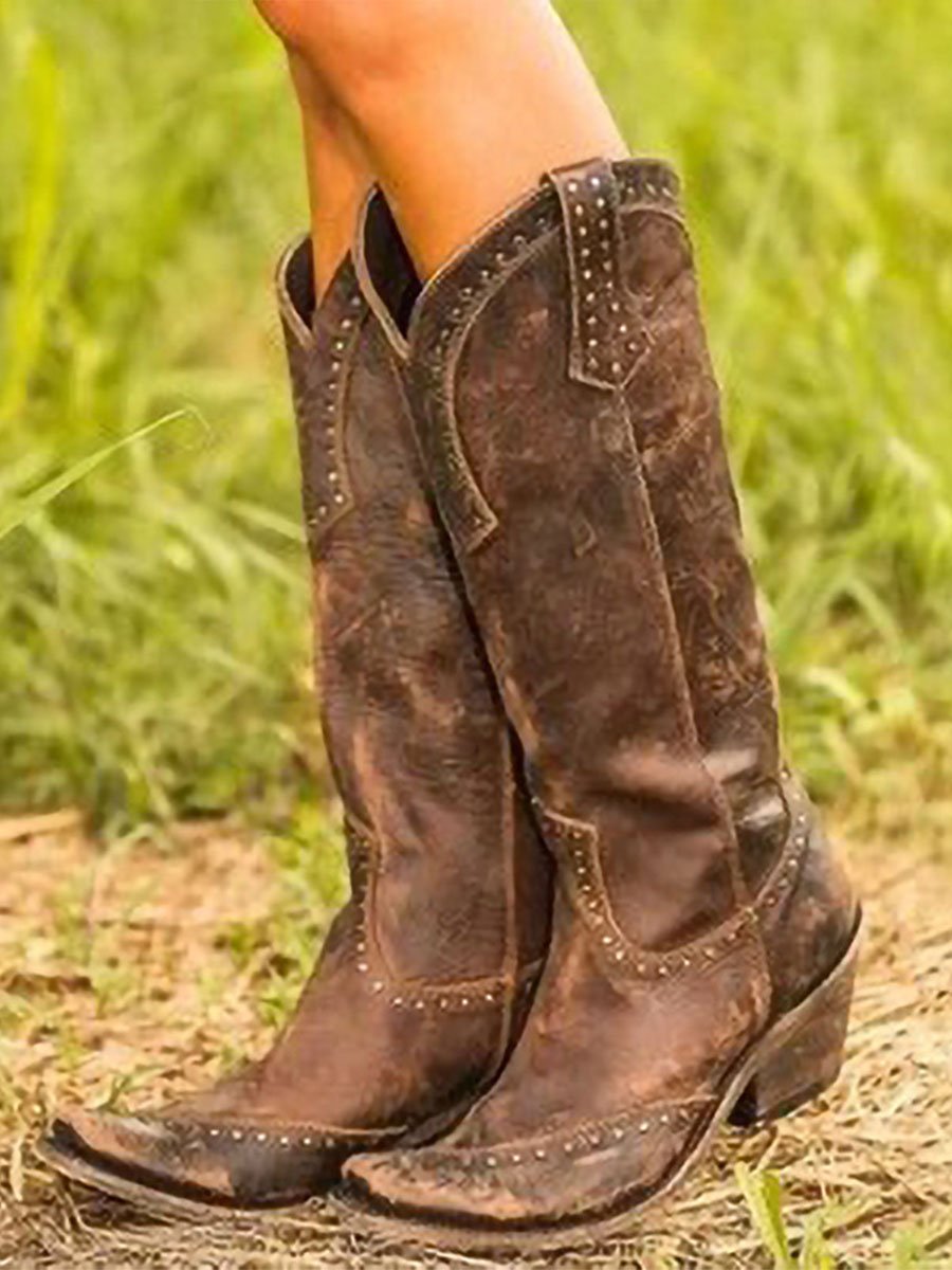 Damskie buty kowbojskie do kolan z nitami - J&B; - 1 - Livia-Moda
