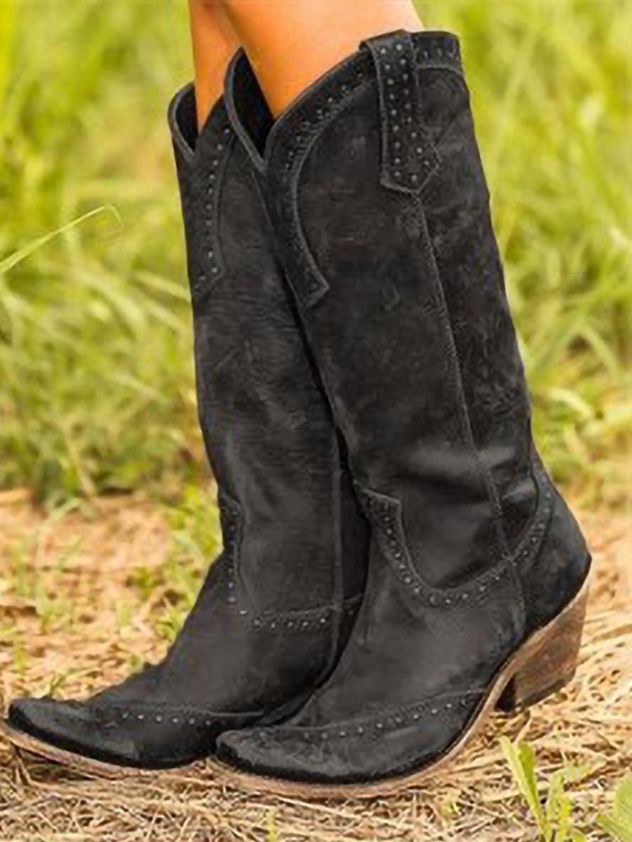 Damskie buty kowbojskie do kolan z nitami - J&B; - 2 - Livia-Moda