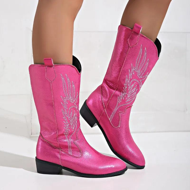 Damskie buty kowbojskie z grubym obcasem i eleganckim haftem - J&B; - 10 - Livia-Moda