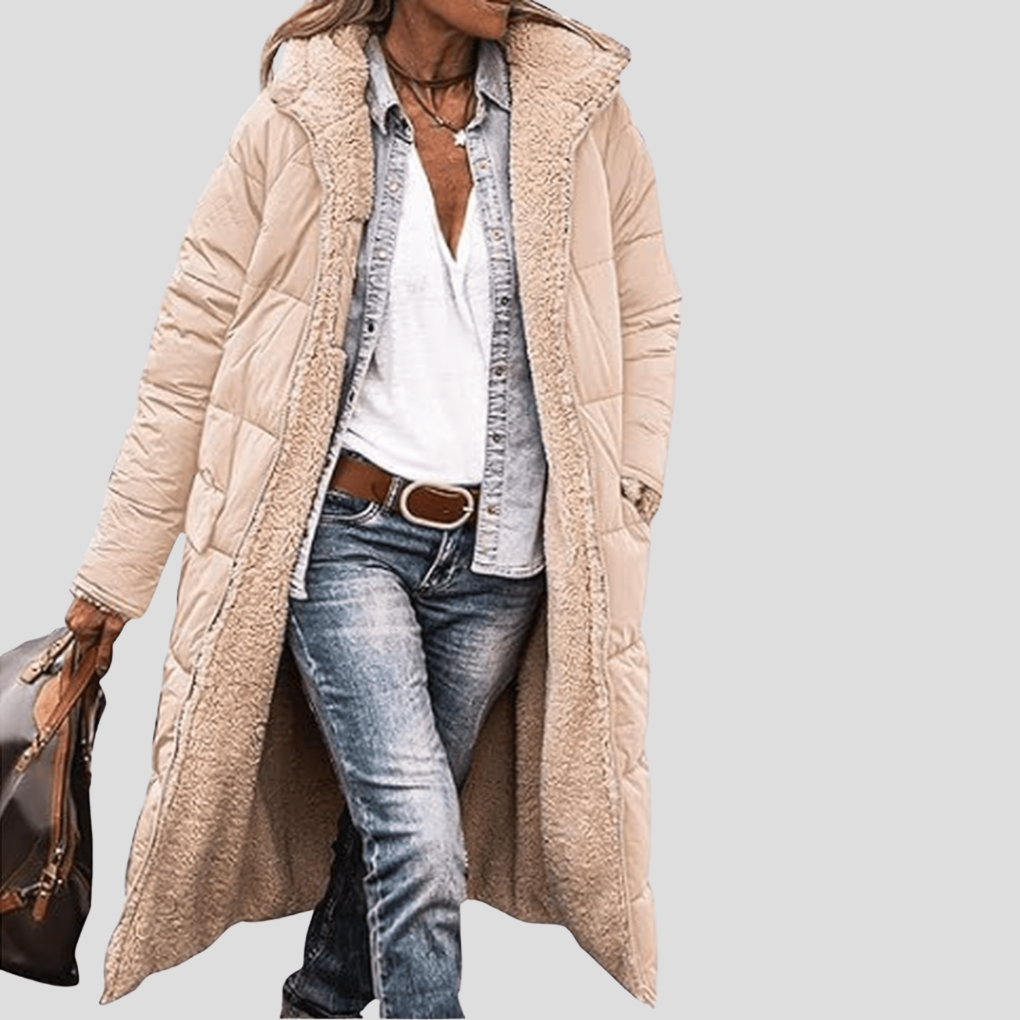 Długi damski płaszcz zimowy z dwustronnym wzorem i podszewką typu teddy - J&B; - 6 - Livia-Moda