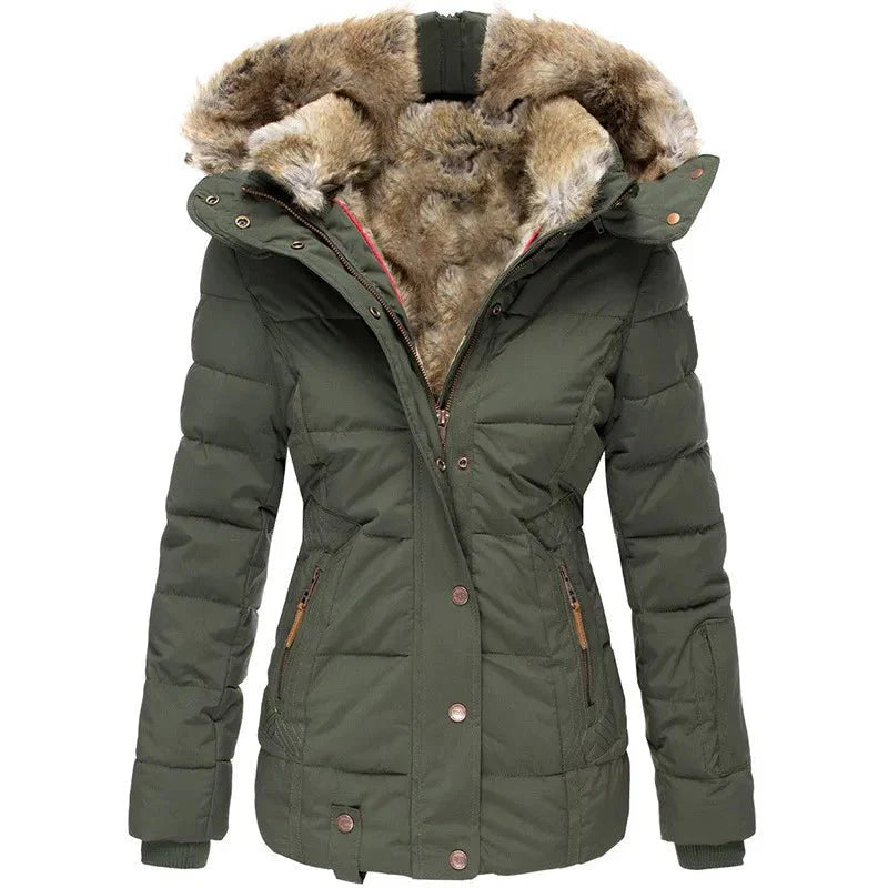 Winterjacke Damen, tailliert mit Kunstfellkapuze und Steppdesign | J&B - 2 - Jasminaboutique.com