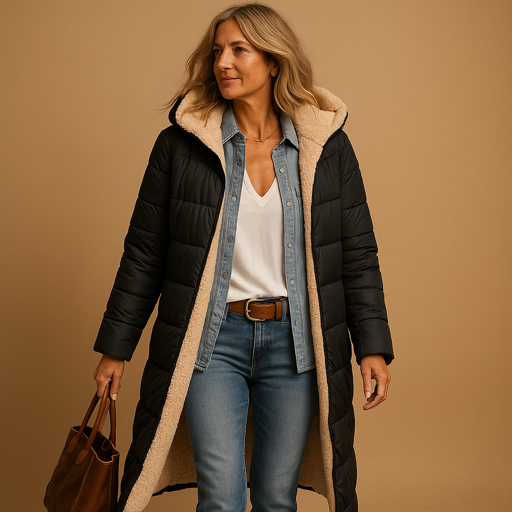 Długi płaszcz zimowy damski z kapturem i miękką podszewką - J&B; - 1 - Livia-Moda