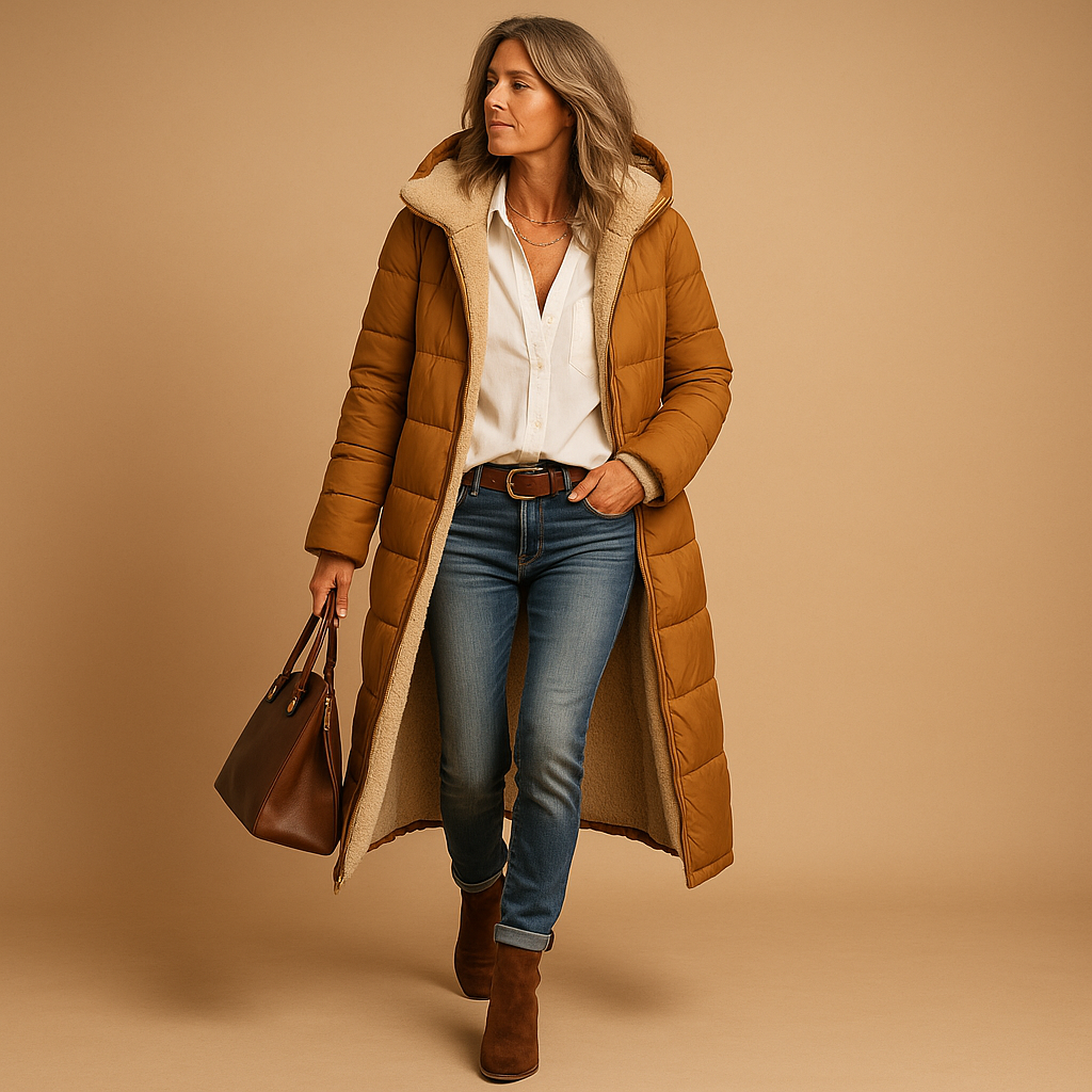 Długi płaszcz zimowy damski z kapturem i miękką podszewką - J&B; - 3 - Livia-Moda