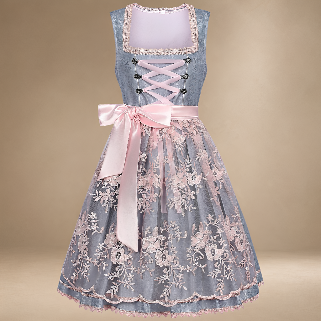 Dirndl damski, bez rękawów, z kwiatowym wzorem, koronkowymi wykończeniami i kokardką - J&B; - 4 - Livia-Moda