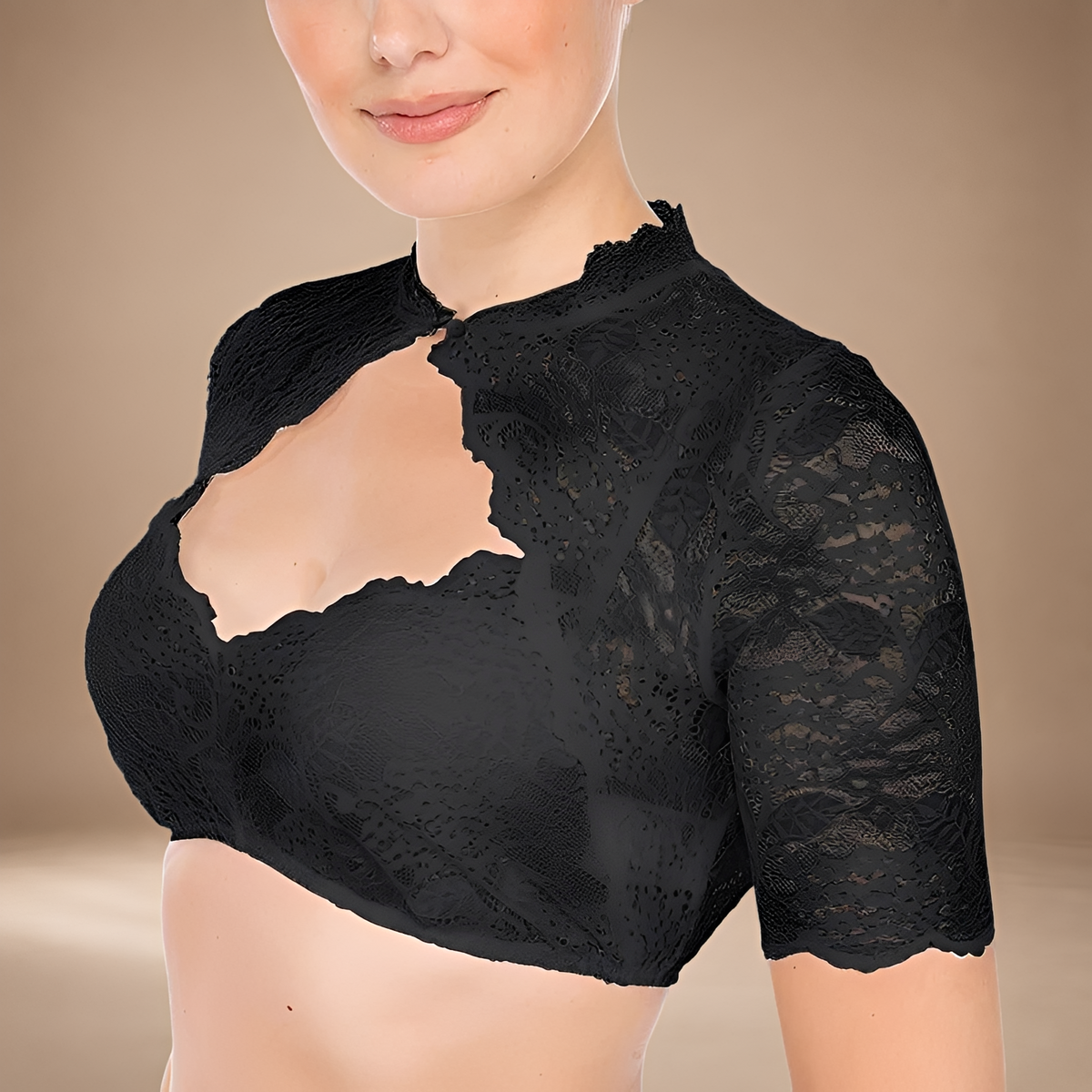 Damska bluzka z koronki, o krótkim kroju, z wysokim kołnierzem - J&B; - 5 - Livia-Moda