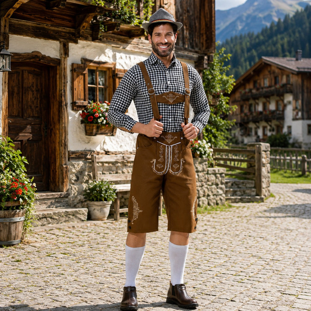 Tradycyjne, haftowane szorty na Oktoberfest dla mężczyzn z szelkami - J&B; - 1 - Livia-Moda