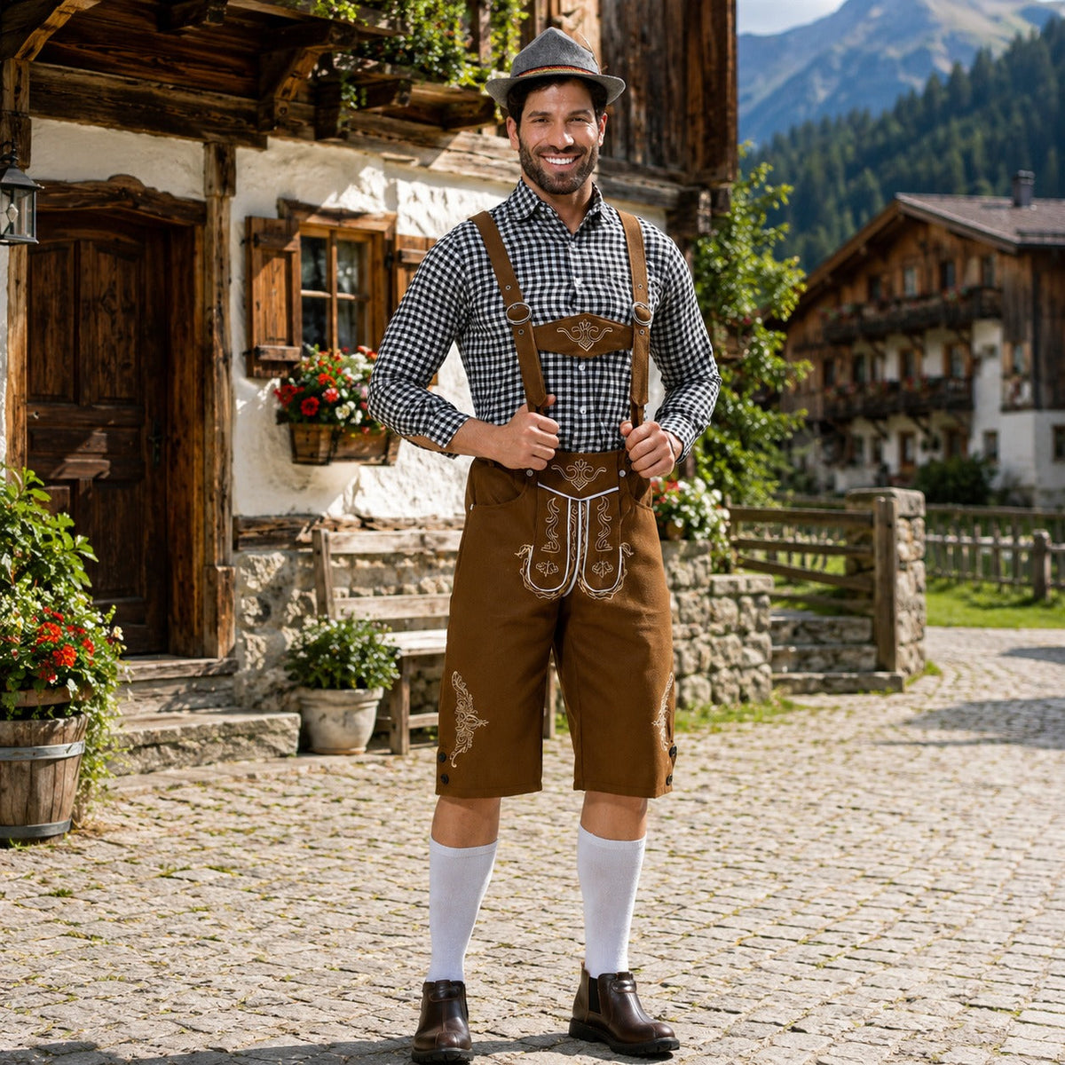 Tradycyjne, haftowane szorty na Oktoberfest dla mężczyzn z szelkami - J&B; - 1 - Livia-Moda