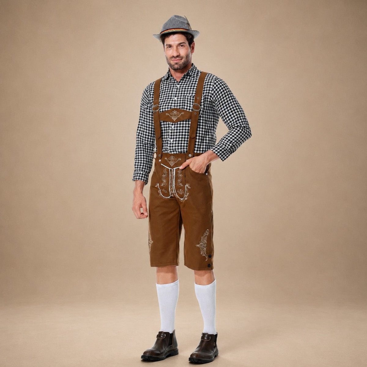 Tradycyjne, haftowane szorty na Oktoberfest dla mężczyzn z szelkami - J&B; - 4 - Livia-Moda