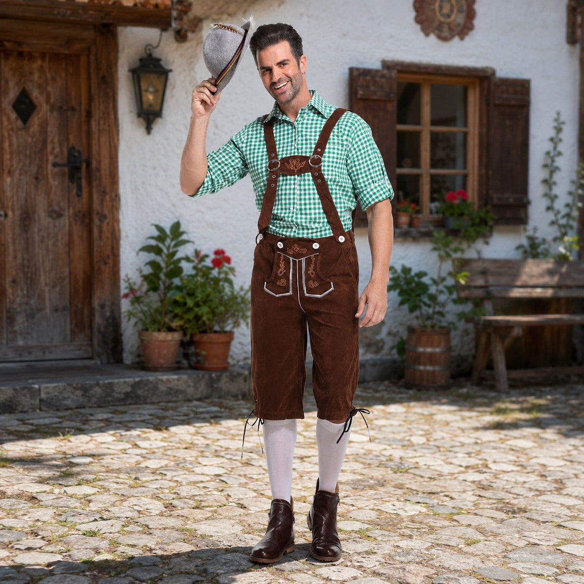 Strój dla mężczyzn z skórzanymi spodniami, koszulą w kratę i szelkami na Oktoberfest - 1 - Livia-Moda