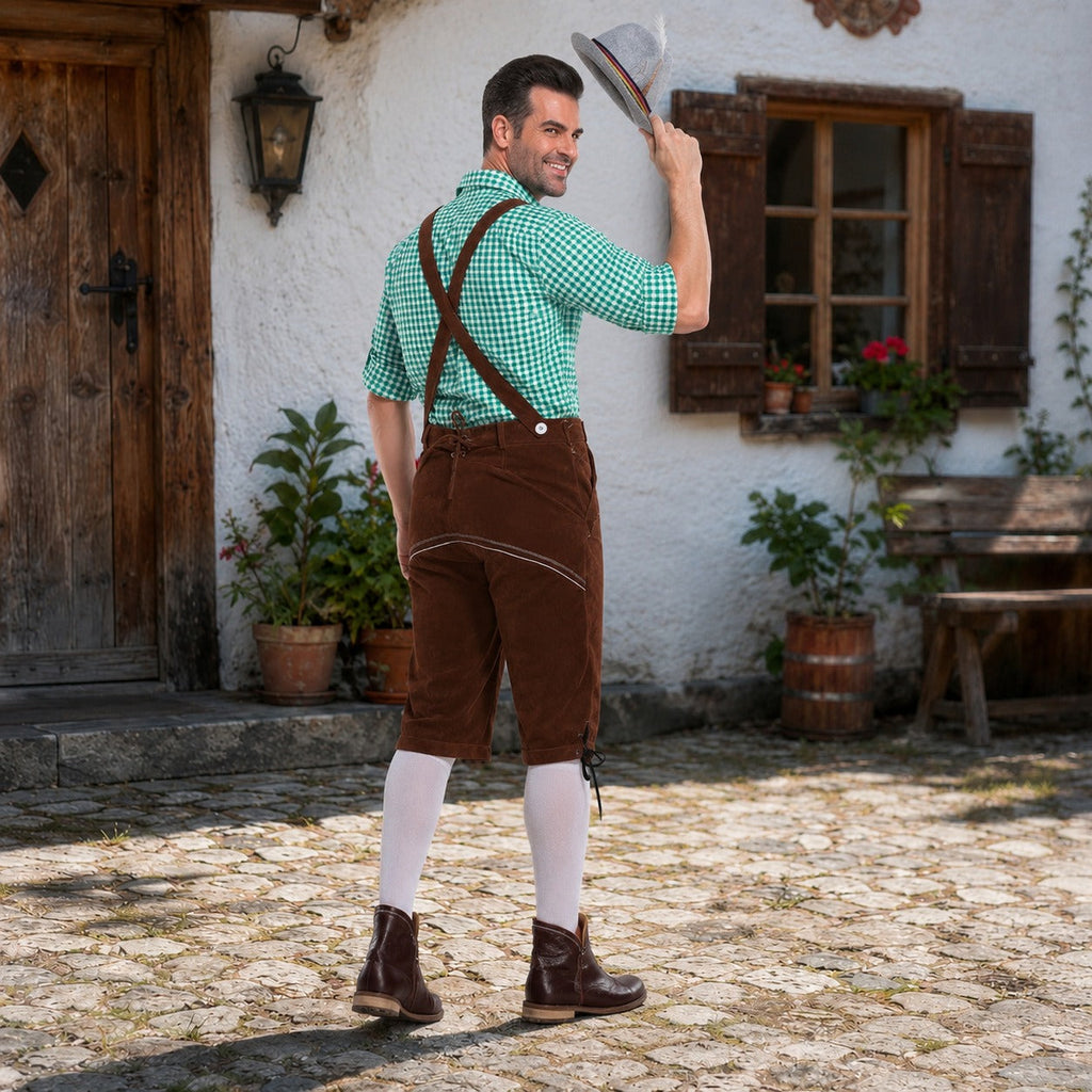 Strój dla mężczyzn z skórzanymi spodniami, koszulą w kratę i szelkami na Oktoberfest - 2 - Livia-Moda