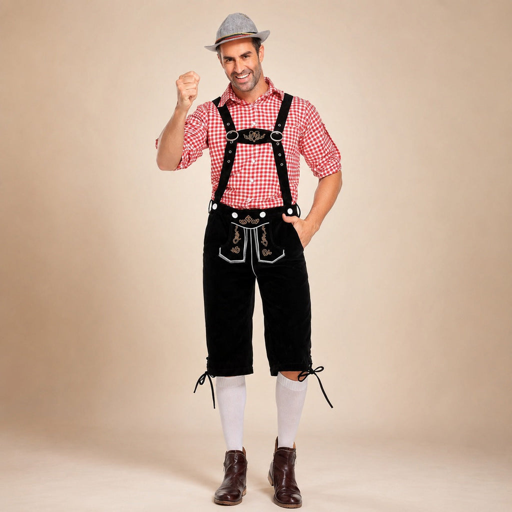 Strój dla mężczyzn z skórzanymi spodniami, koszulą w kratę i szelkami na Oktoberfest - 4 - Livia-Moda