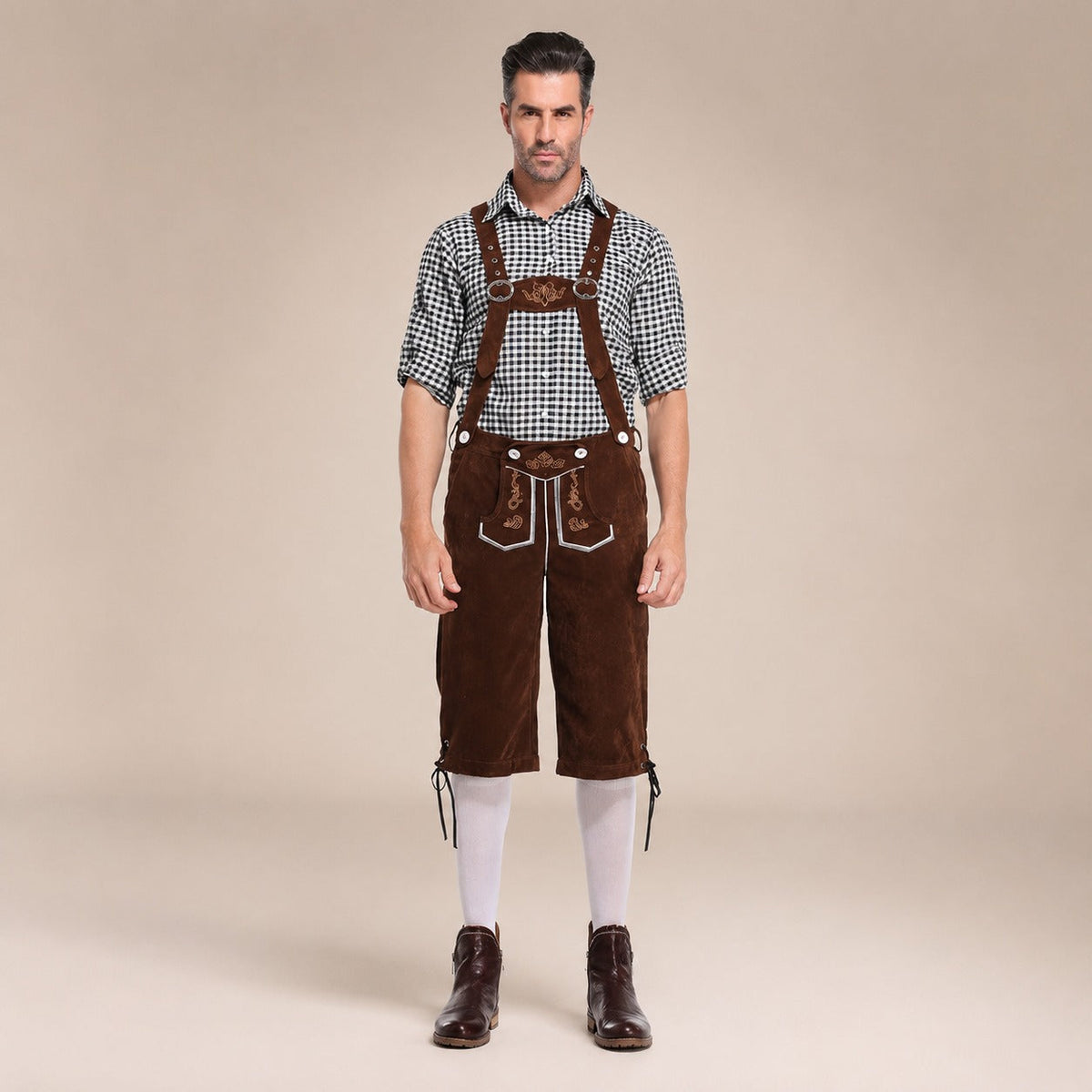 Strój dla mężczyzn z skórzanymi spodniami, koszulą w kratę i szelkami na Oktoberfest - 9 - Livia-Moda