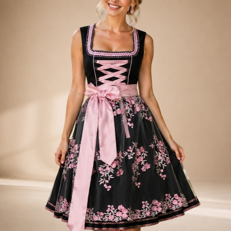 Sukienka dirndl damska z kwiatowymi detalami i satynową kokardką | L&V - 4 - Livia-Moda