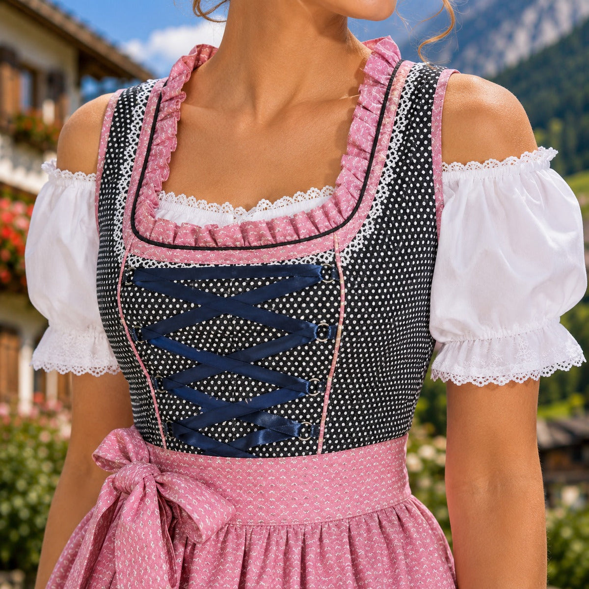 Sukienka dirndl damska z podkreślającym sylwetkę krojem i bufkami | L&V - 3 - Livia-Moda