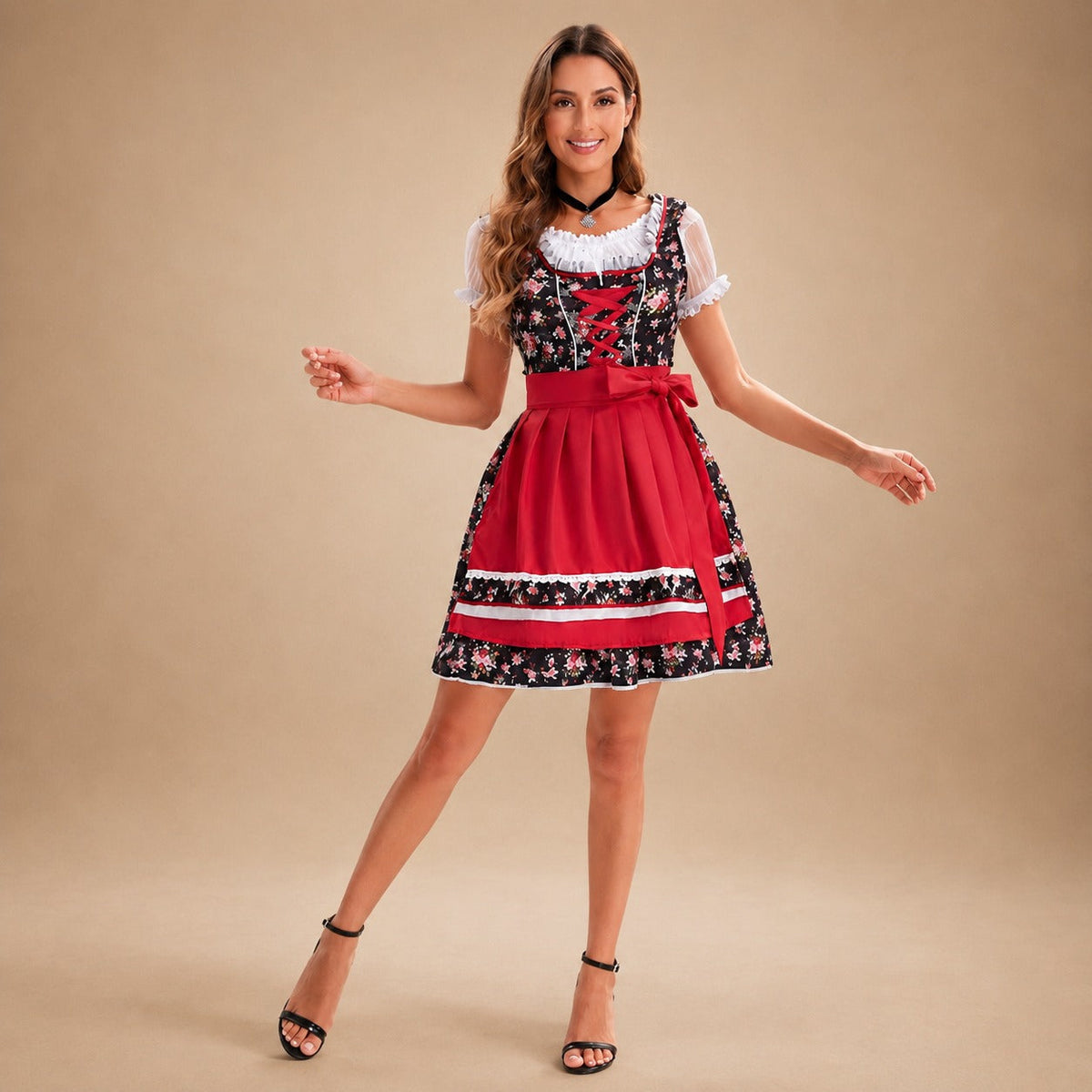 Sukienka damska na Oktoberfest z kwiatowym wzorem i falbanami | L&V - 4 - Livia-Moda