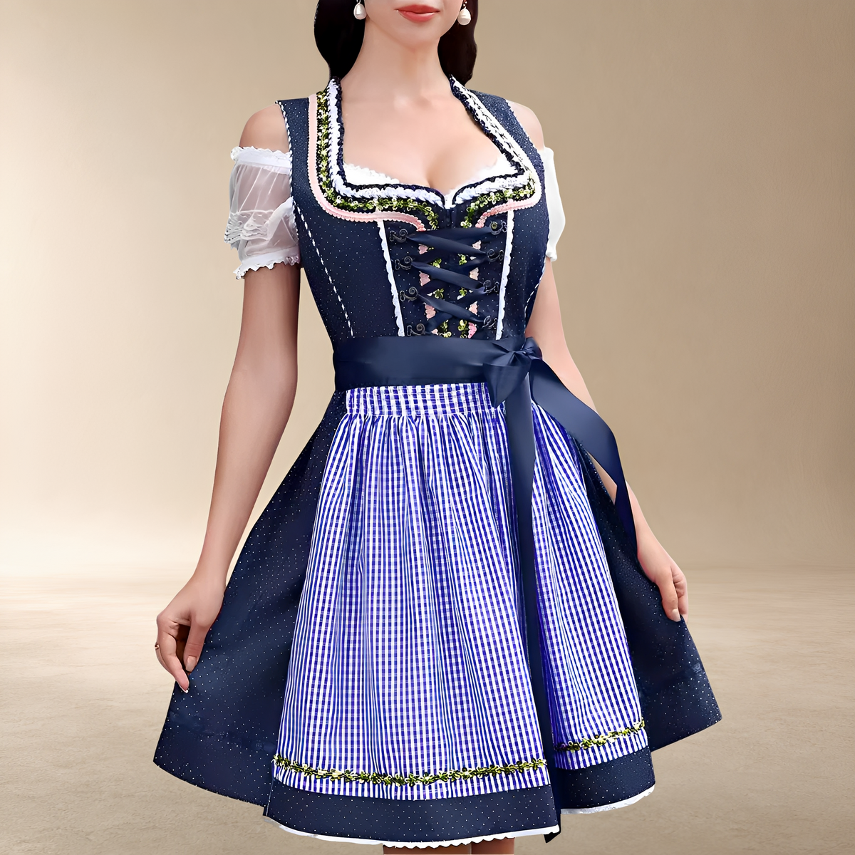 Sukienka mini dirndl damska z odkrytymi ramionami i kokardą | L&V - 5 - Livia-Moda