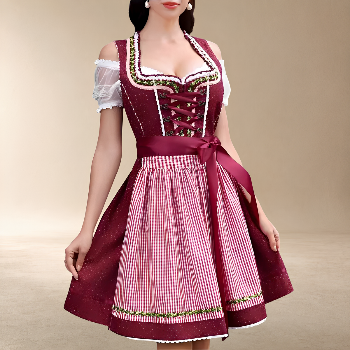 Sukienka mini dirndl damska z odkrytymi ramionami i kokardą | L&V - 6 - Livia-Moda