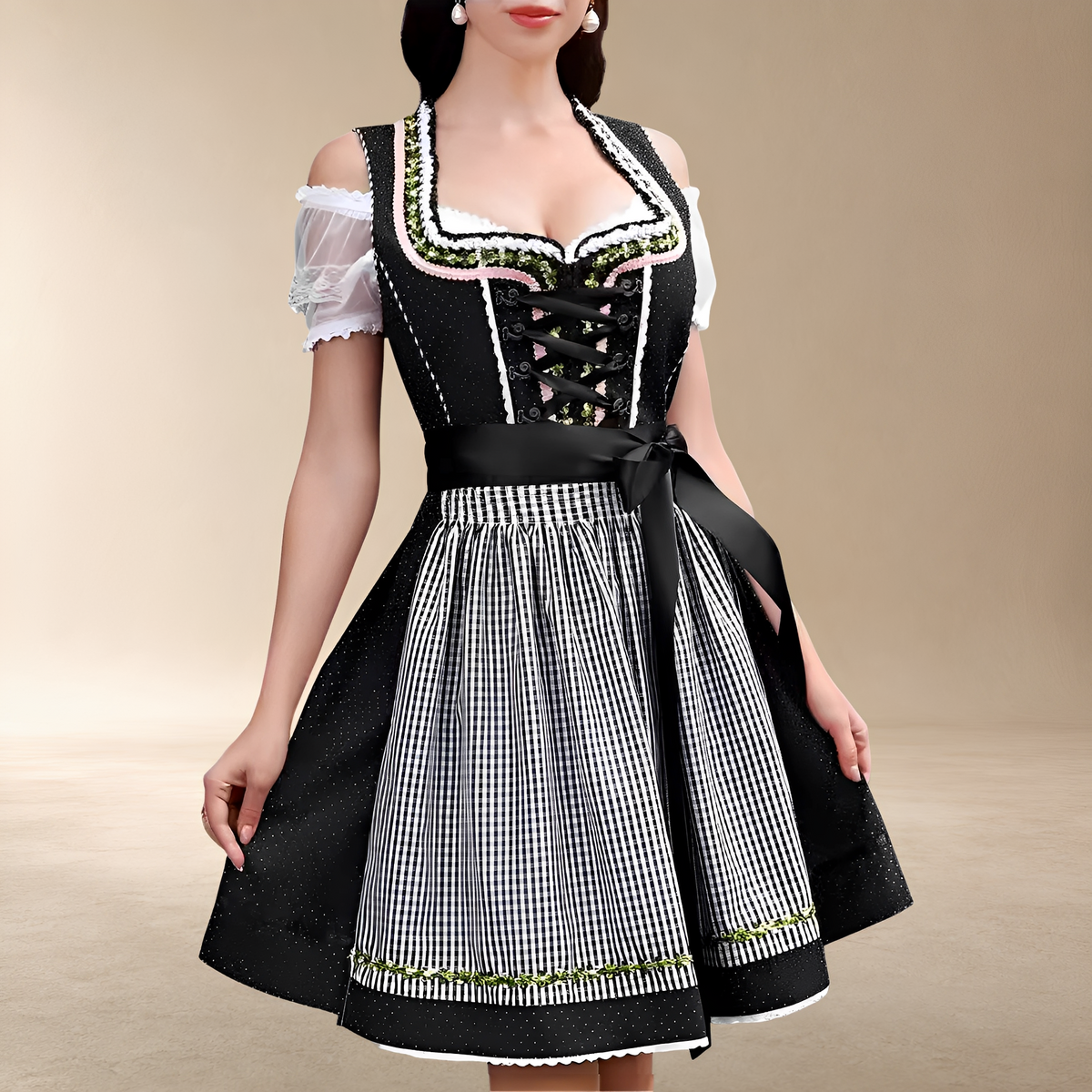 Sukienka mini dirndl damska z odkrytymi ramionami i kokardą | L&V - 7 - Livia-Moda
