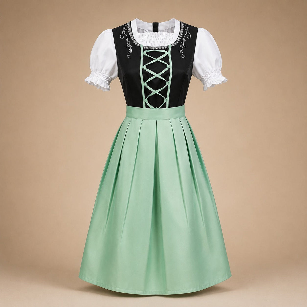 Sukienka dirndl damska z koronkowymi rękawami i paskiem w talii | L&V - 1 - Livia-Moda