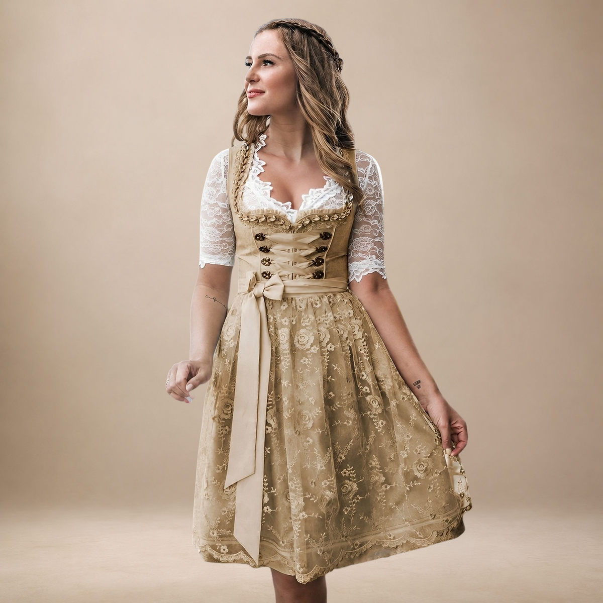 Sukienka dirndl damska z koronkowymi rękawami i haftem | L&V - 4 - Livia-Moda