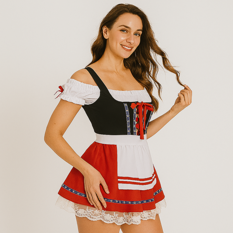 Sukienka dirndl damska z odkrytymi ramionami i koronką | L&V - 2 - Livia-Moda