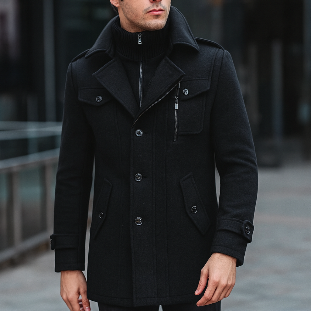 Męski płaszcz peacoat z wysokim kołnierzem i dopasowanym krojem | L&V - 1 - Livia-Moda