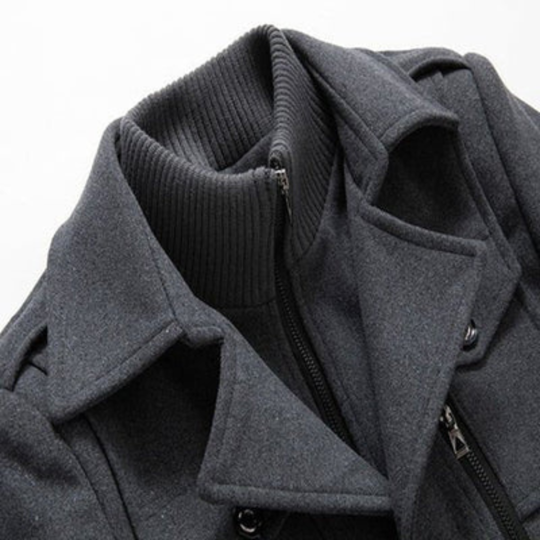 Męski płaszcz peacoat z wysokim kołnierzem i dopasowanym krojem | L&V - 10 - Livia-Moda