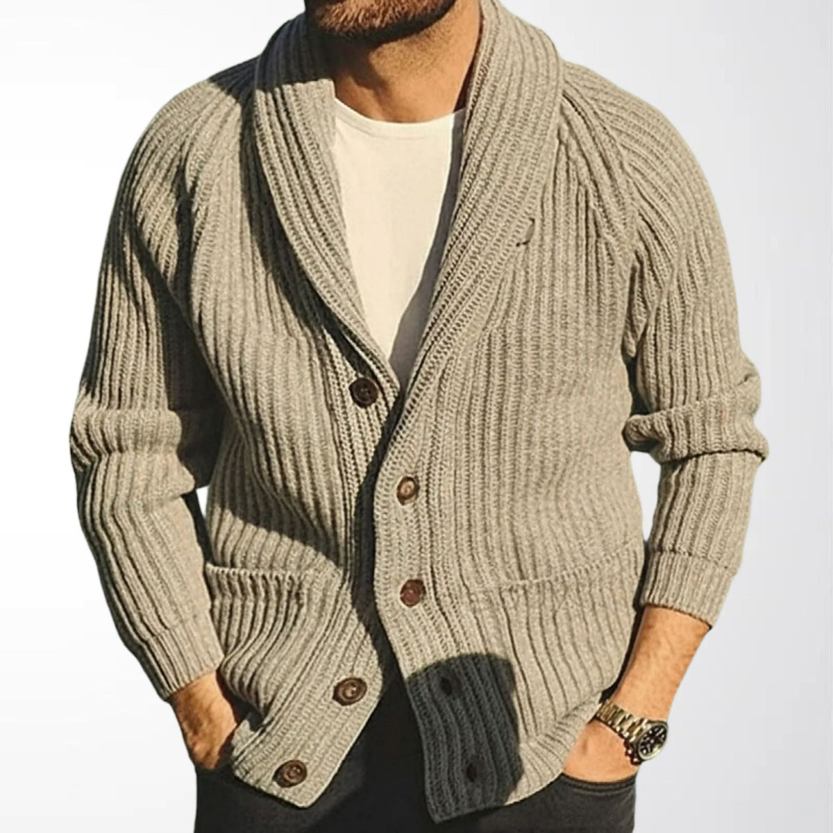 Herren Cardigan mit Schalkragen und Knopfleiste | A&Z - 2 - Atelier-Zofia
