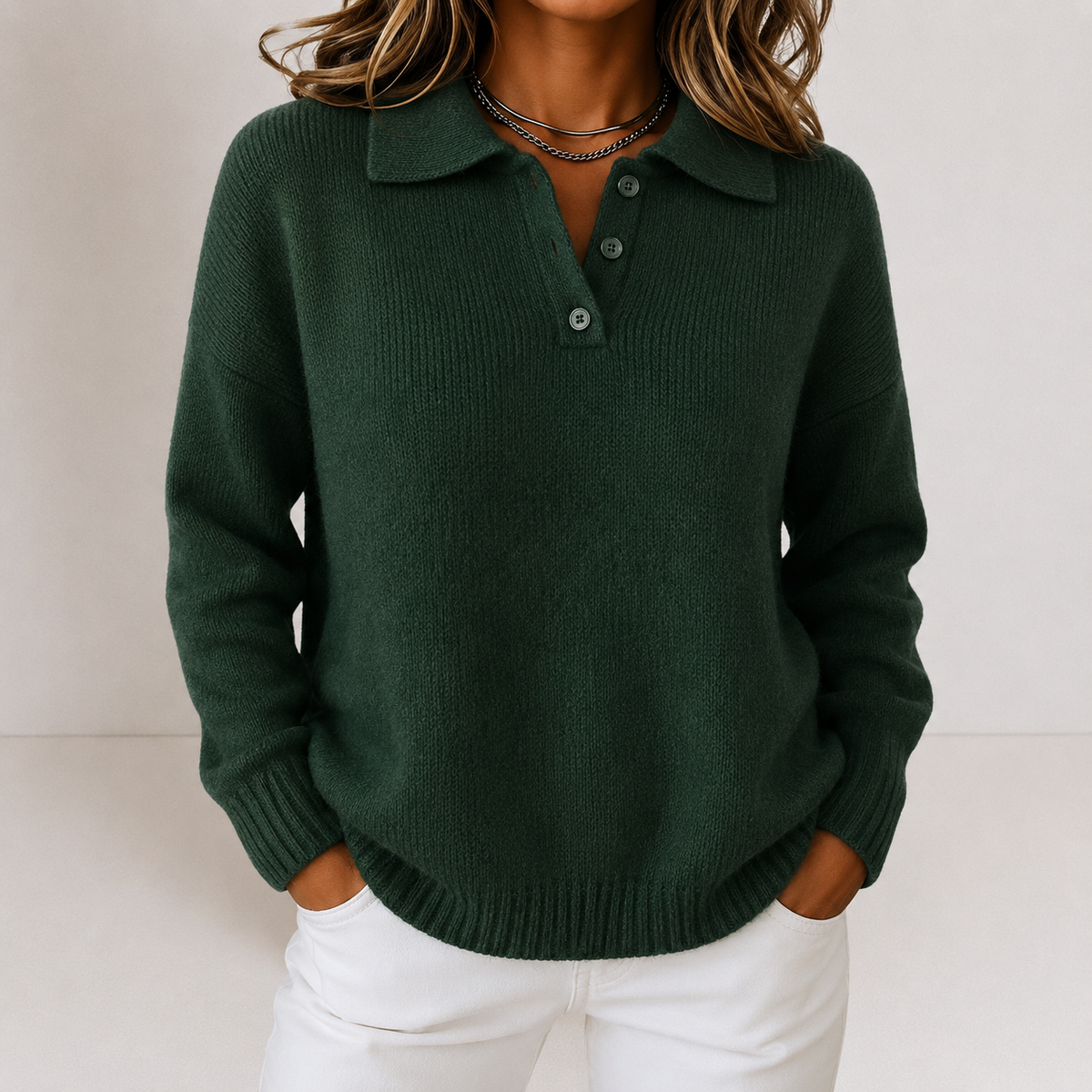 Pullover damski z kołnierzykiem polo i listwą guzikową | L&V - 6 - Livia-Moda