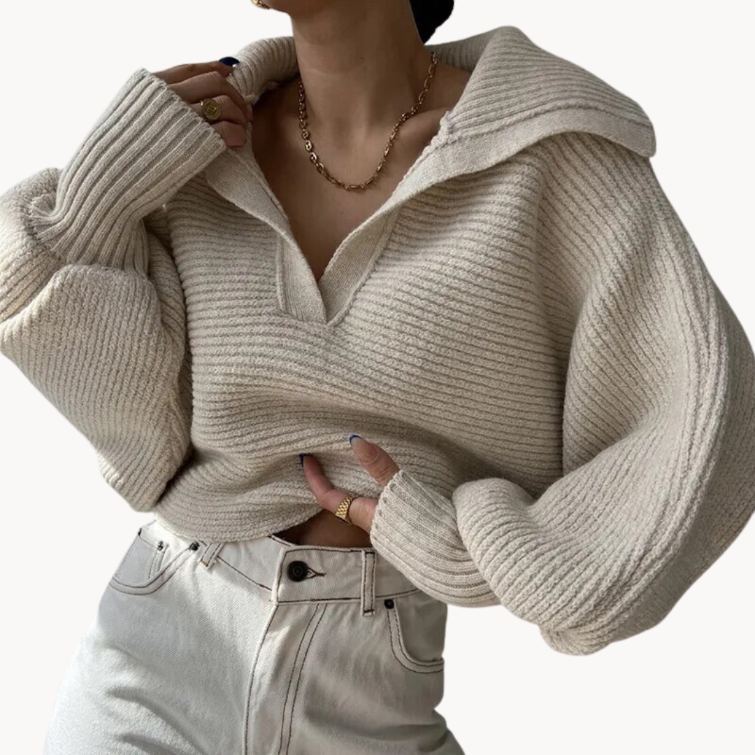 Pullover damski z oversize'owym krojem i dekoltem w serek | L&V - 3 - Livia-Moda