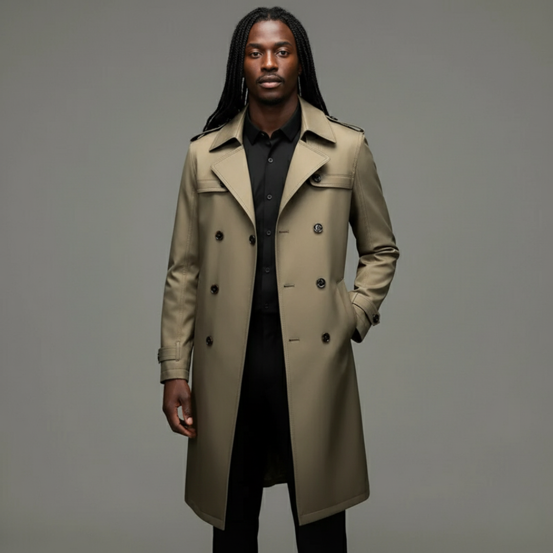 Trenchcoat męski z podwójnym zapięciem i wąskim krojem | L&V - 1 - Livia-Moda