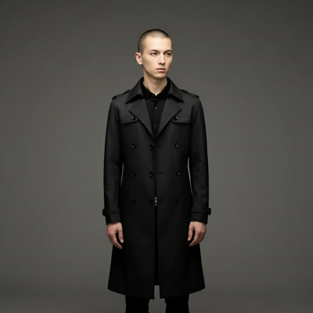 Trenchcoat męski z podwójnym zapięciem i wąskim krojem | L&V - 4 - Livia-Moda