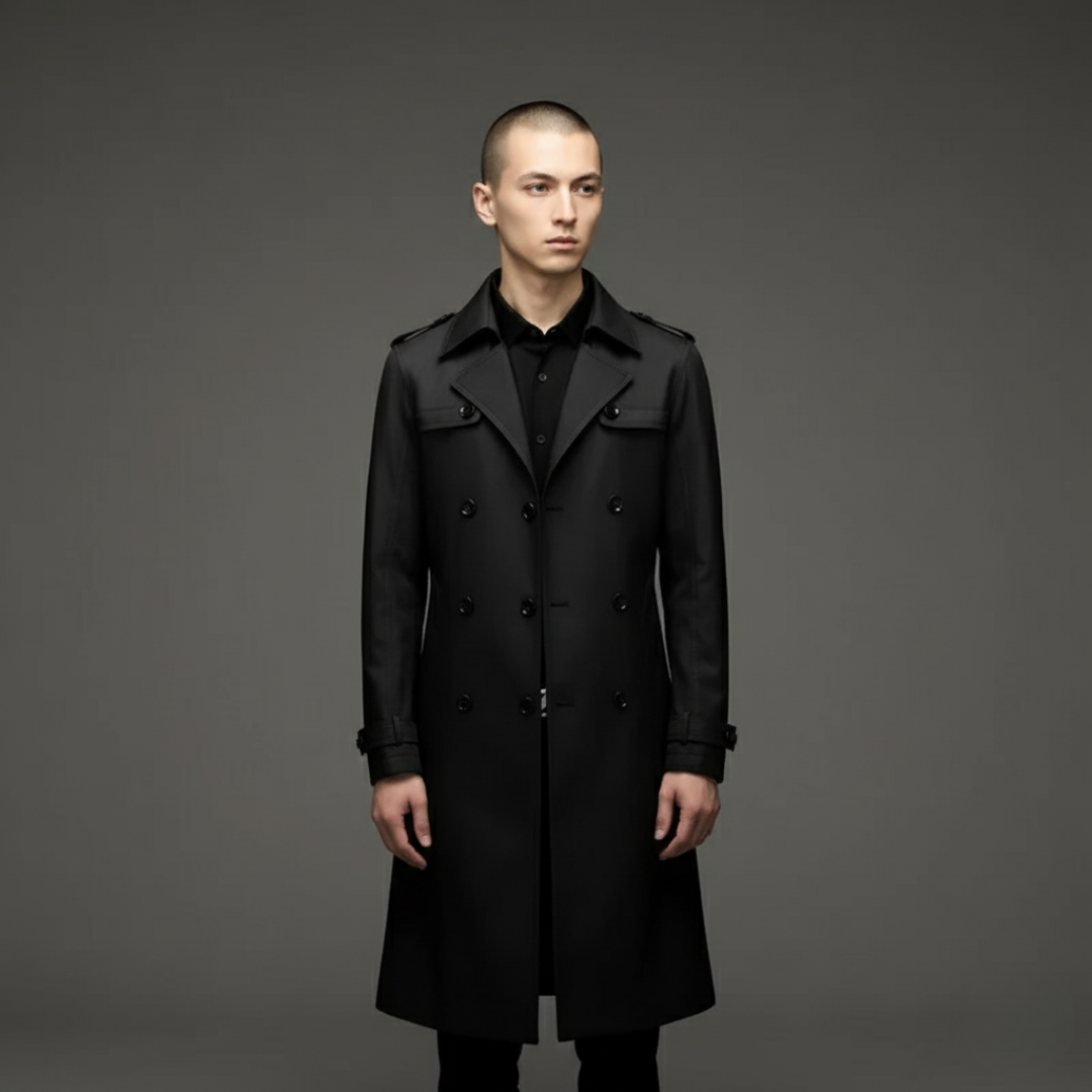 Trenchcoat męski z podwójnym zapięciem i wąskim krojem | L&V - 4 - Livia-Moda