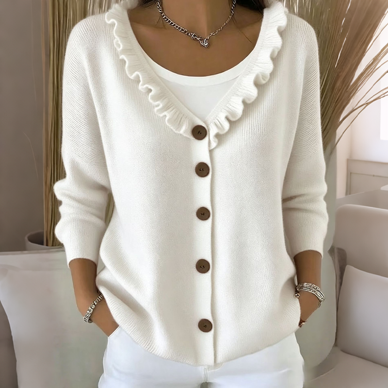 Cardigan damski z falbaną i guzikiem | L&V - 1 - Livia-Moda
