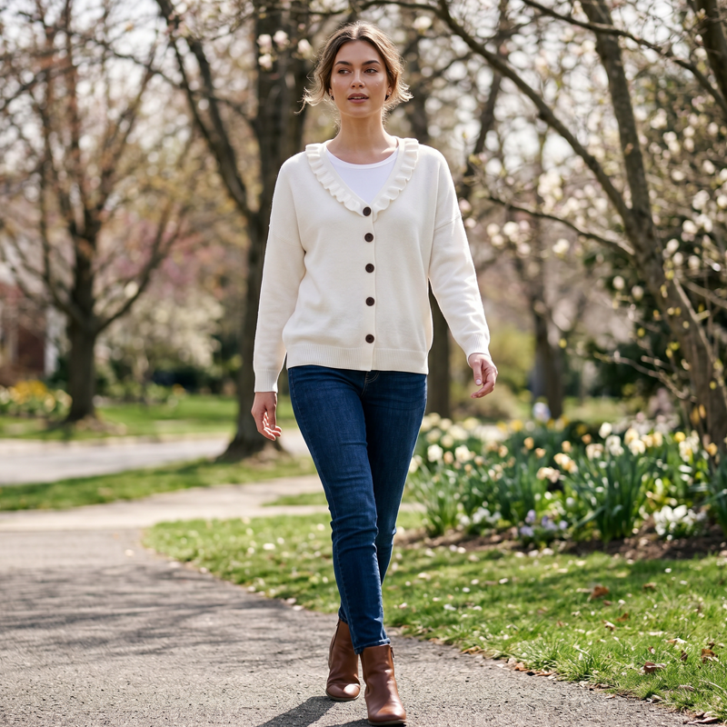 Cardigan damski z falbaną i guzikiem | L&V - 2 - Livia-Moda