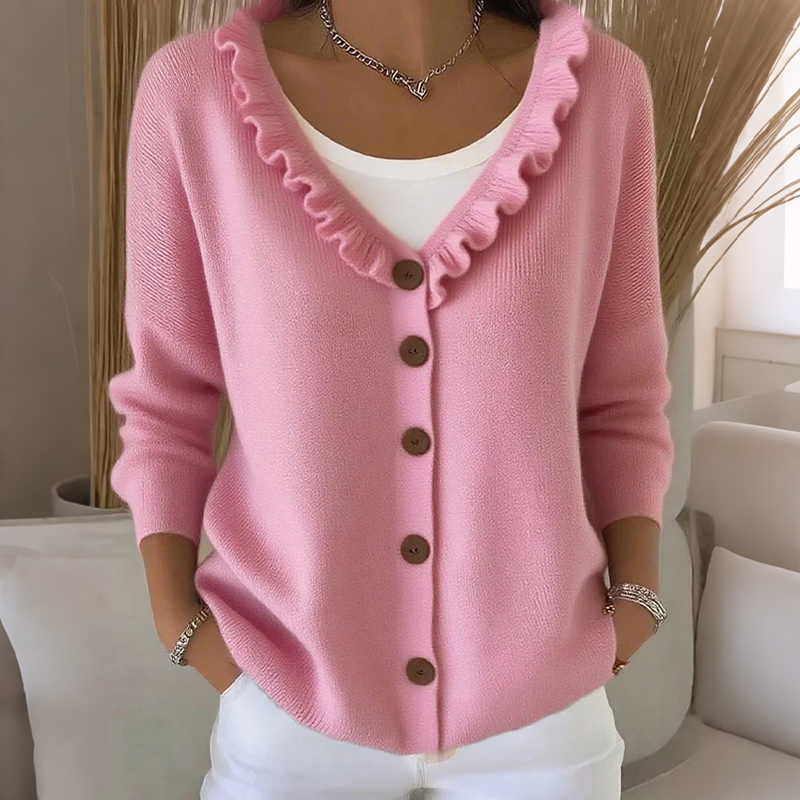 Cardigan damski z falbaną i guzikiem | L&V - 5 - Livia-Moda