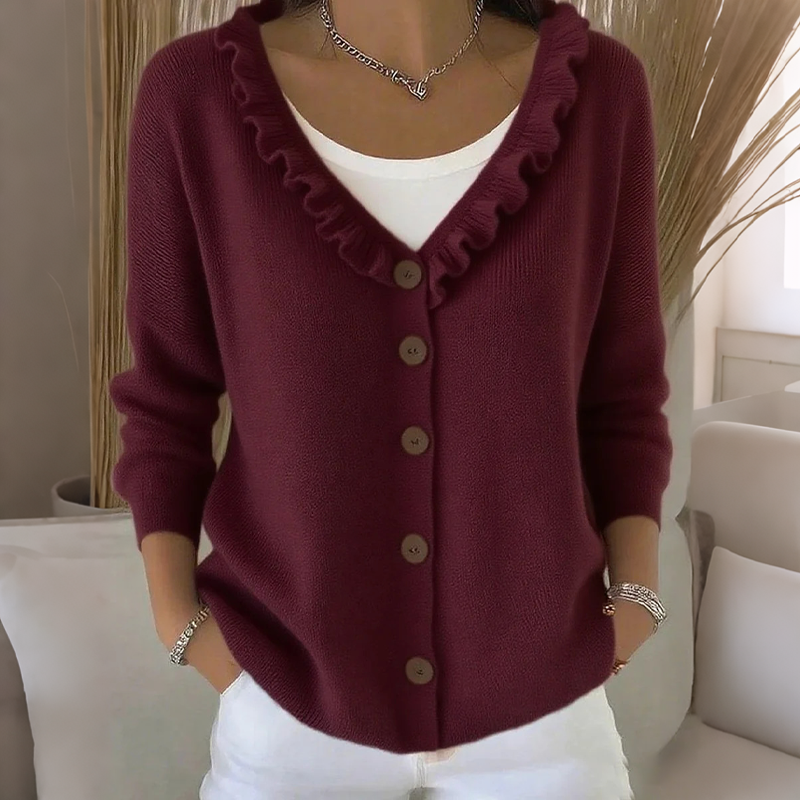 Cardigan damski z falbaną i guzikiem | L&V - 8 - Livia-Moda