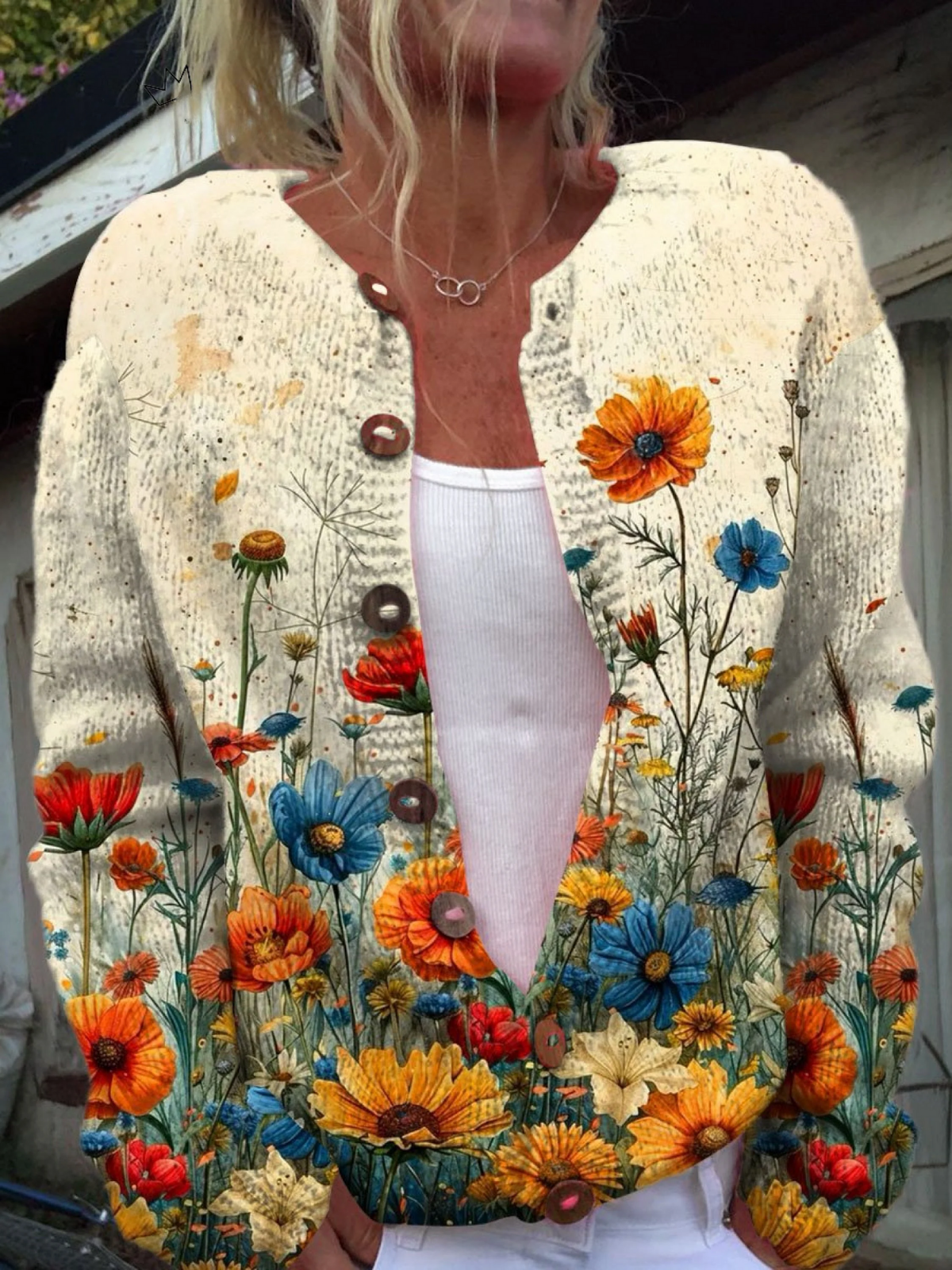 Cardigan damski z otwartym przodem i kwiatowym wzorem | L&V - 1 - Livia-Moda