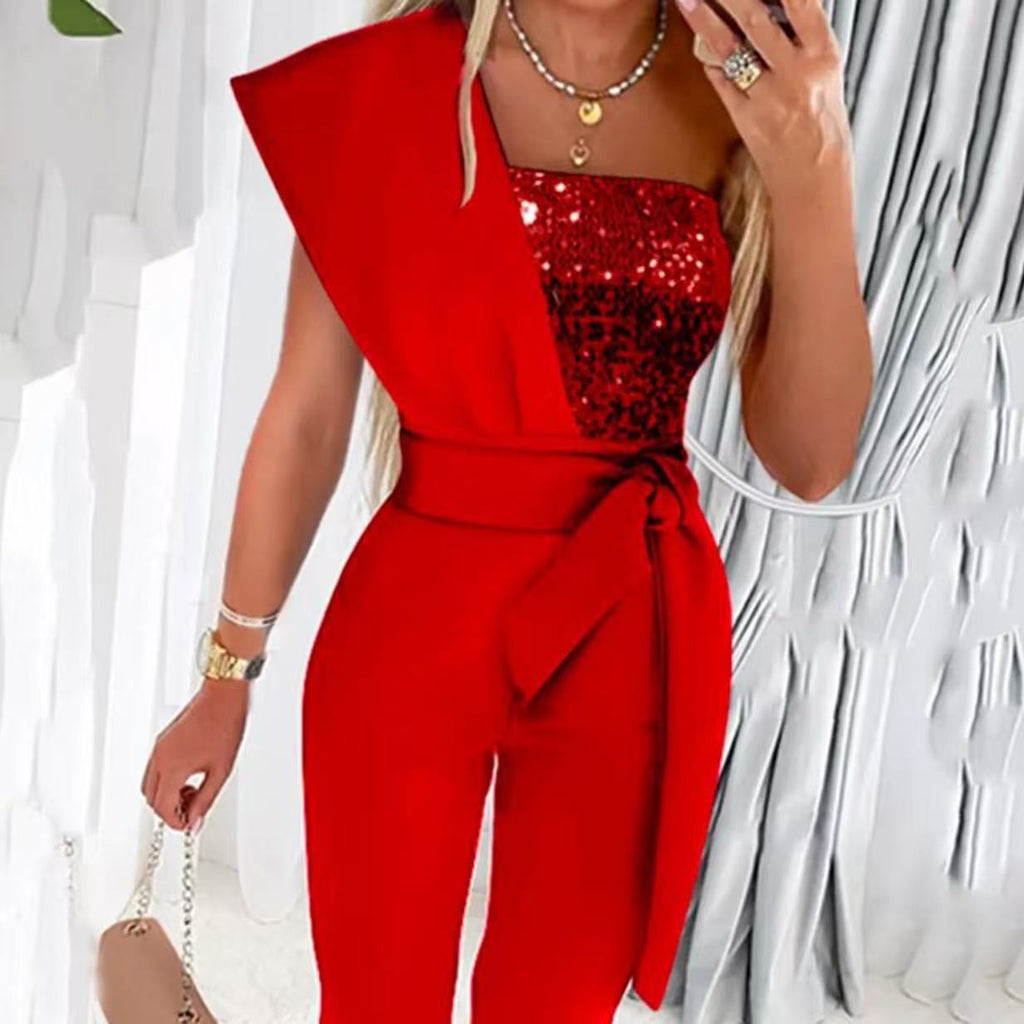 Jumpsuit damski z asymetrycznym krojem i taliowanym fasonem | L&V - 4 - Livia-Moda