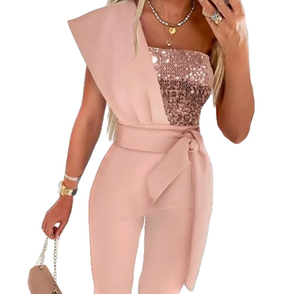 Jumpsuit damski z asymetrycznym krojem i taliowanym fasonem | L&V - 6 - Livia-Moda