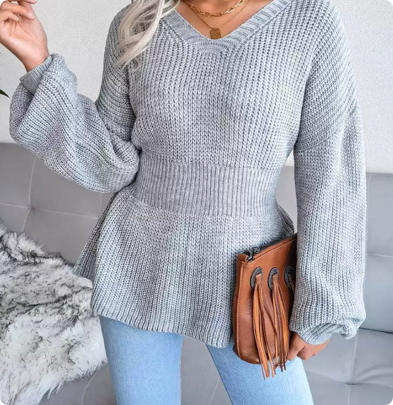 Pullover damski z dekoltem w serek i luźnymi rękawami | L&V - 2 - Livia-Moda