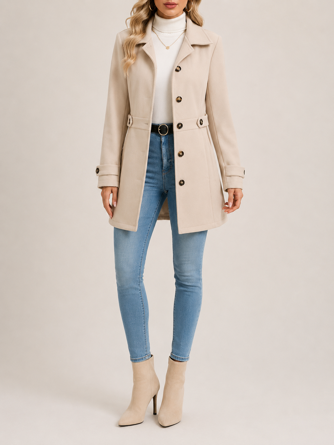 Trench coat damski z taliowanym krojem i eleganckim zapięciem | L&V - 1 - Livia-Moda
