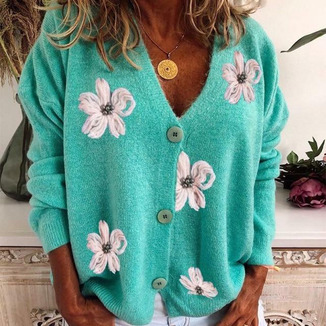 Cardigan damski z dekoltem w serek i kwiatowymi detalami | L&V - 1 - Livia-Moda