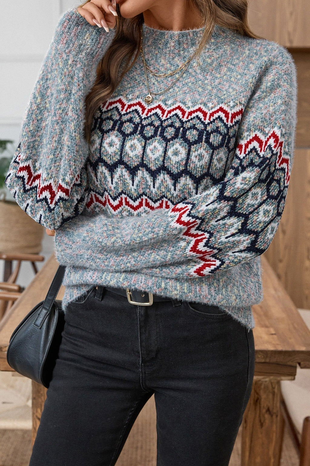 Pullover damski z okrągłym dekoltem i luźnym krojem | L&V - 5 - Livia-Moda