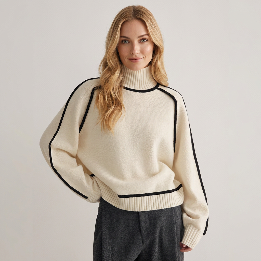 Pullover damski z kołnierzem stójkowym i kontrastującymi detalami | L&V - 1 - Livia-Moda
