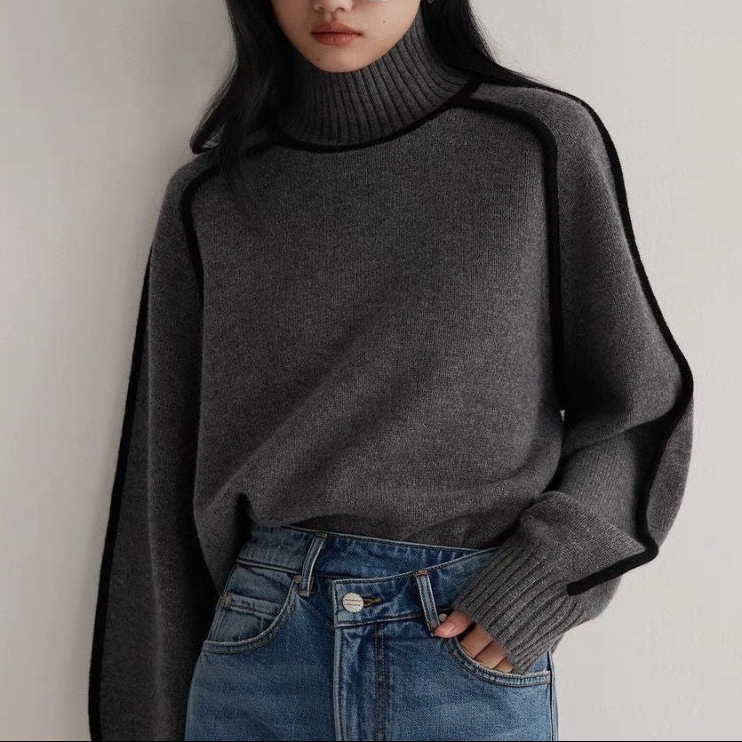 Pullover damski z kołnierzem stójkowym i kontrastującymi detalami | L&V - 3 - Livia-Moda
