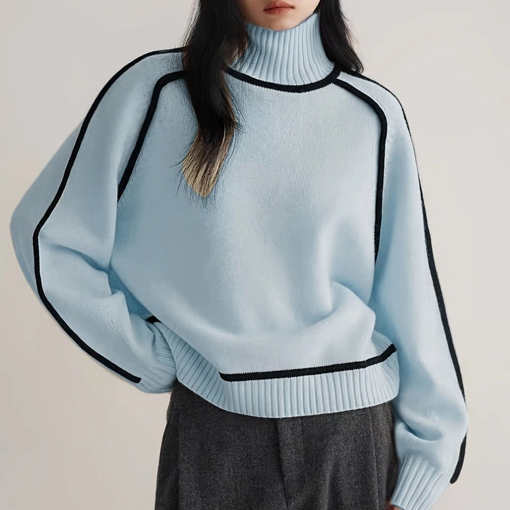 Pullover damski z kołnierzem stójkowym i kontrastującymi detalami | L&V - 7 - Livia-Moda