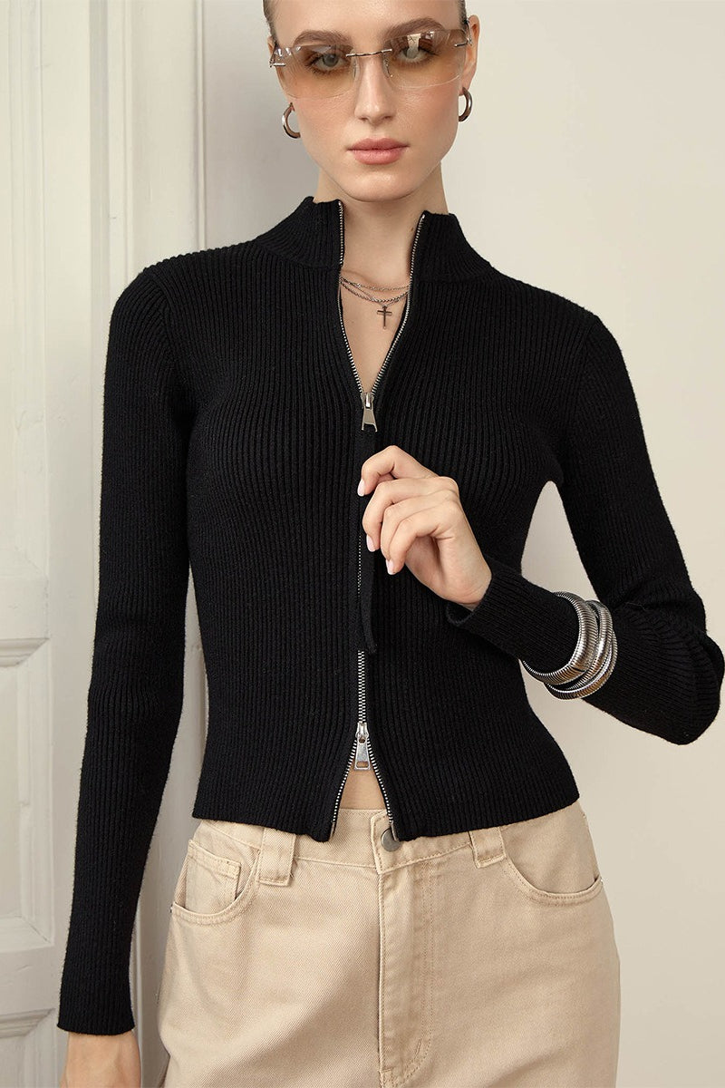 Cardigan damski z kołnierzem i zamkiem błyskawicznym | L&V - 2 - Livia-Moda